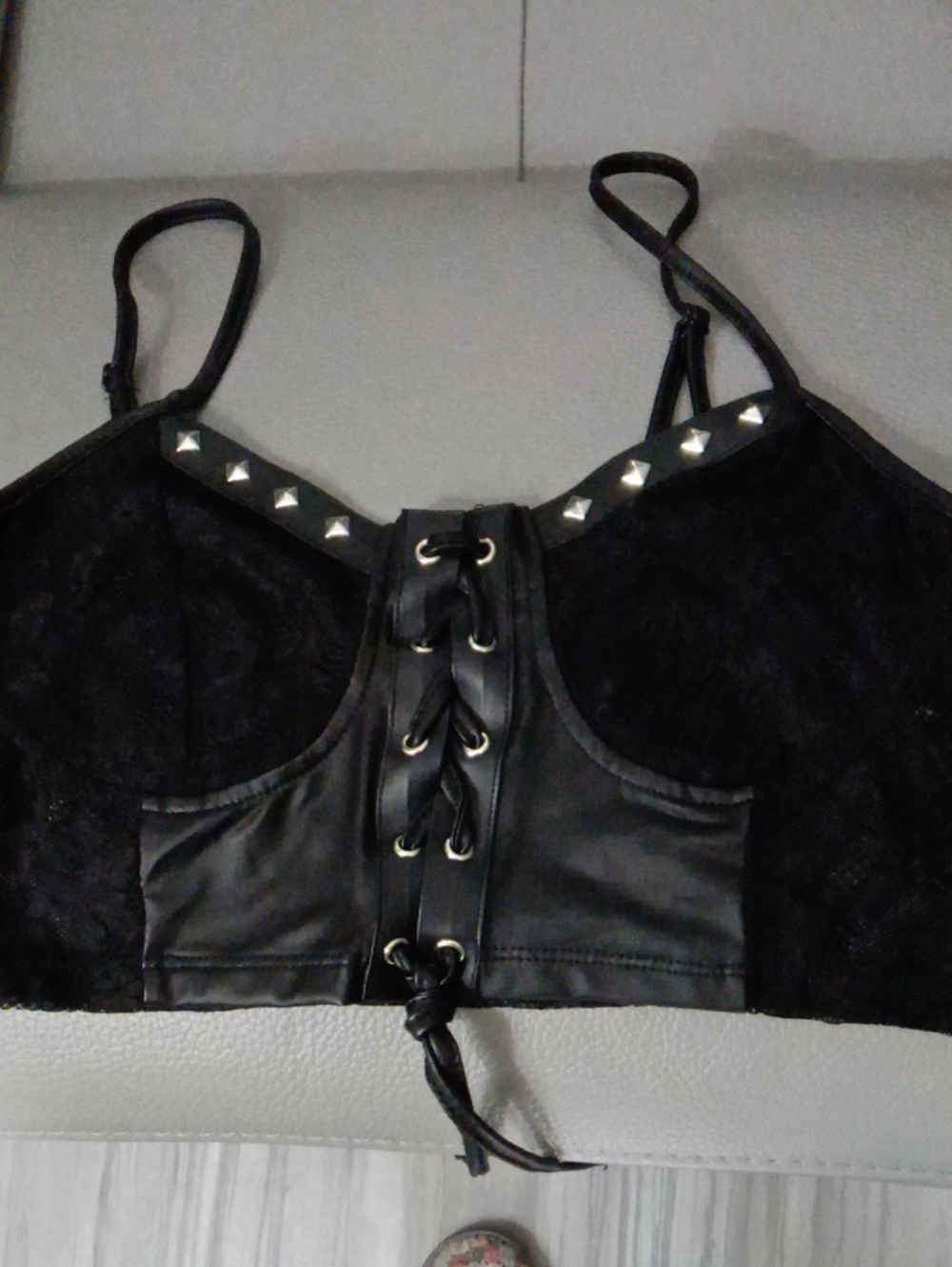 Black Lace & Faux Leather Studded Corset Top